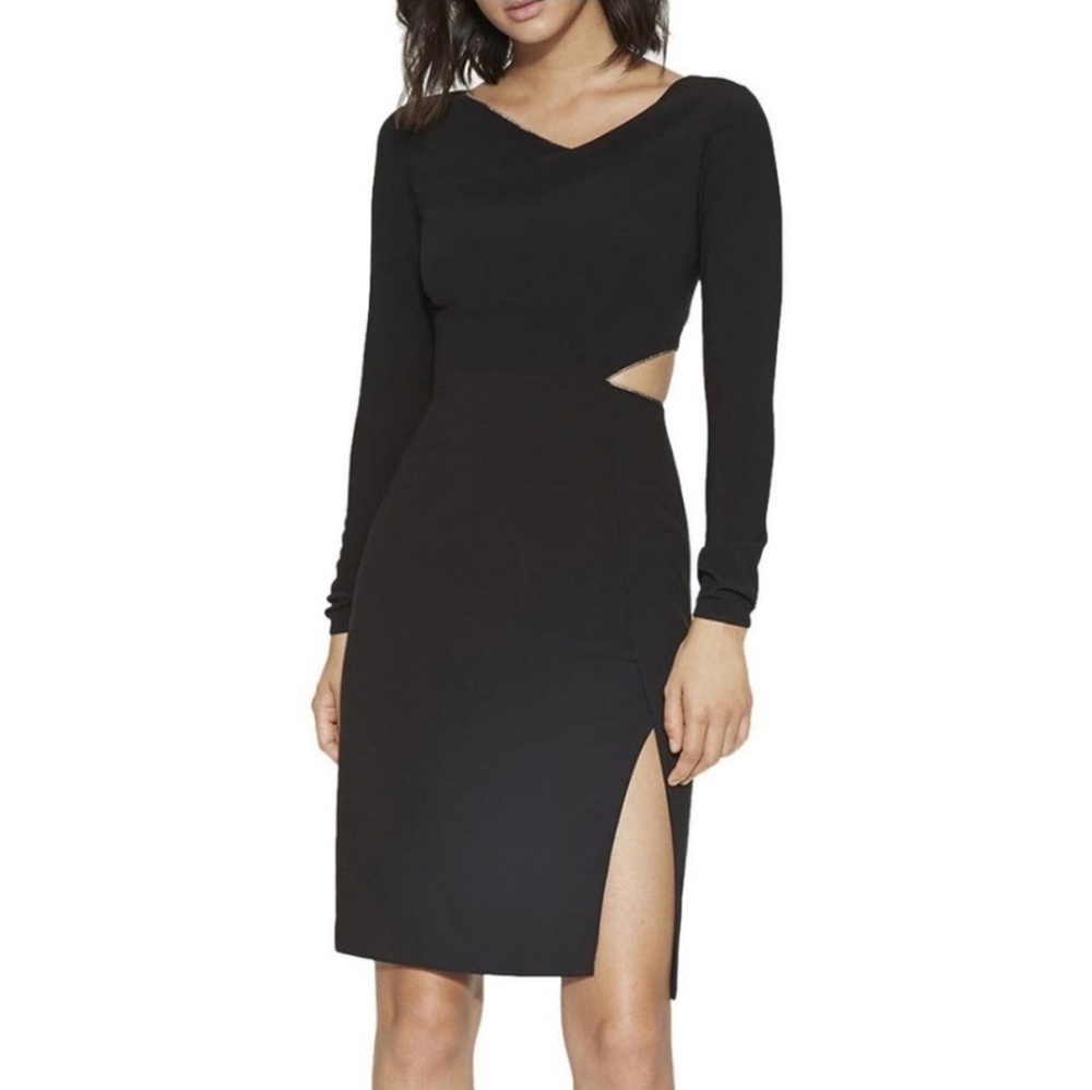 NWT Halston Black LS Cowl Neck Crepe Dress with Cut Out.